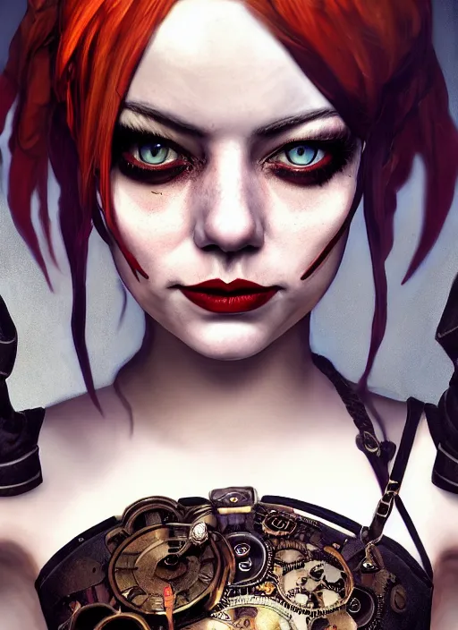 Image similar to steampunk goth autumn portrait of emma stone as harley quinn, hyper detailed, digital art, cinematic lighting, studio quality, smooth render, unreal engine 5, octane rendered, art style by klimt and nixeu and ian sprigger and krenz cushart.