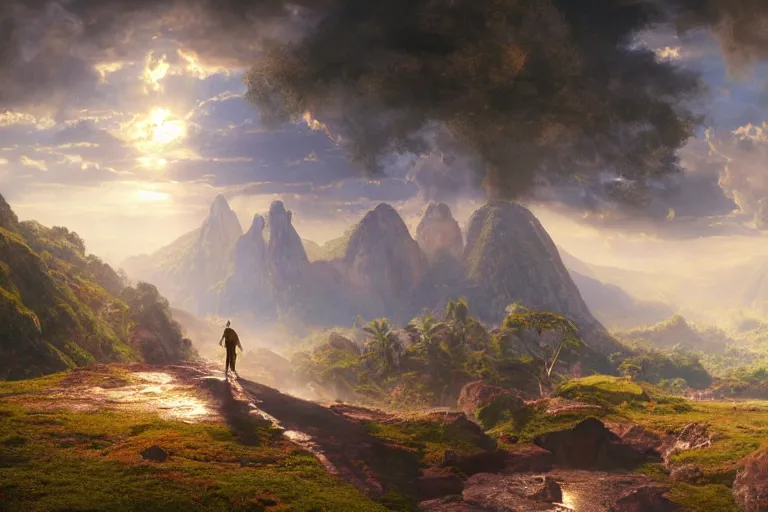 Image similar to a detailed 3 d render of bruno from encanto walking throug the astral gate to eternity, 1 8 th century south america, octane render, 8 k, volumetric lighting, in the style of disney, art by albert bierstadt and thomas moran