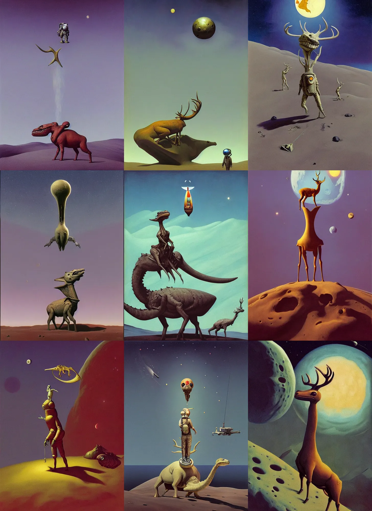 Prompt: a deer horned astronaut stands atop a melting dinosaur on the moon, Edward Hopper and James Gilleard, Zdzislaw Beksinski, Mark Ryden, Wolfgang Lettl highly detailed, hints of Yayoi Kasuma