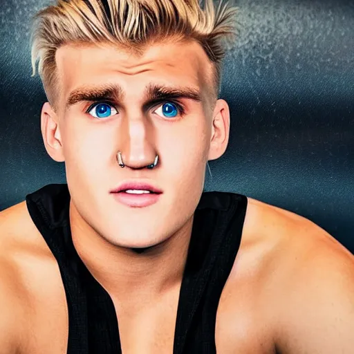 Image similar to a realistic detailed photo of boxer & youtuber jake paul, hypnotized by a watch, blank stare, shiny skin