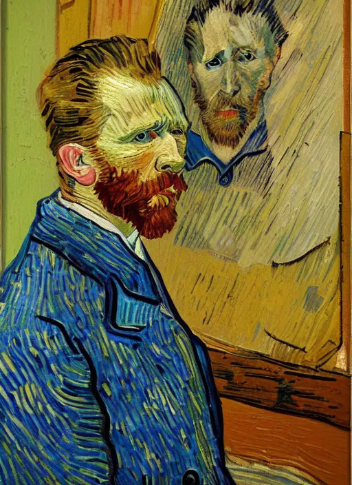 Image similar to lifelike oil painting self - portrait of van gogh using an iphone