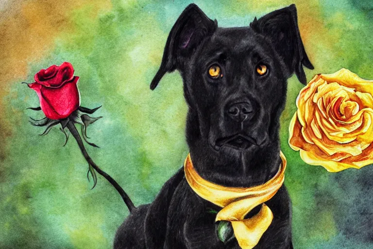 Prompt: anthro drawing of black dog with green eyes holding a rose, golden earring, watercolor, vivid colors, ocean background, sunny day, 4 k, puffy clouds, front page of art station, global illumination, chromatic abberation, very detailed