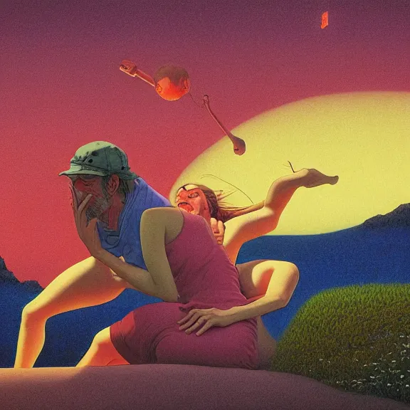 Image similar to close up portrait of a man and woman having fun with lsd and magic mushrooms by kawase hasui, moebius, Edward Hopper and James Gilleard, Zdzislaw Beksinski, Steven Outram, 8k, volumetric lighting, artstation