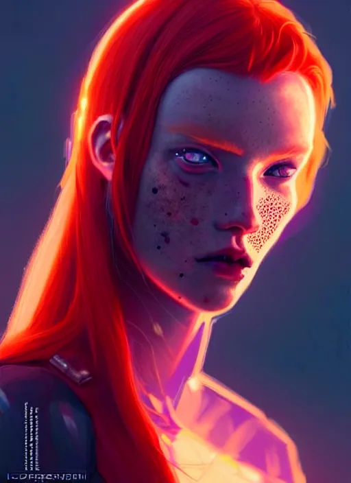 Image similar to a beautiful redhead scandinavian female humanoid with freckles, cyber neon lighting, by loish, d & d, fantasy, futurism, cyberpunk fashion clothing, elegant profile posing, accurate anatomy, hyper photorealistic, digital photography, artstation, pinterest, concept art, art by pascal blanche and greg rutkowski,