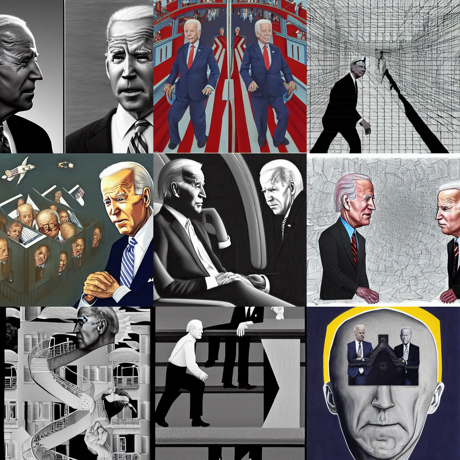 Prompt: joe biden lost in relativity by m. c. escher