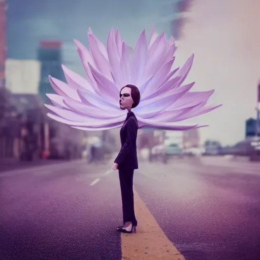 Image similar to giant daisy flower head, frontal, girl in a suit standing on street, surreal photography, sunrise, dramatic light, impressionist painting, digital painting, artstation, simon stalenhag