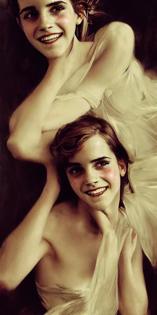 Prompt: emma watson smiling angry laughing crying sad weeping detailed portrait painting by gaston bussiere craig mullins j. c. leyendecker photograph by richard avedon peter lindbergh annie leibovitz