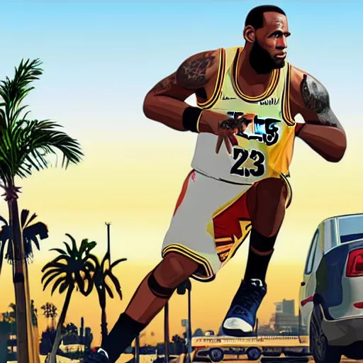 Image similar to Lebron James in GTA V . Los Santos in background, palm trees. in the art style of Stephen Bliss