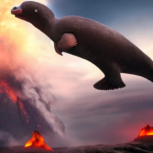 Prompt: giant platypus coming out of a volcano, cinematic, high detail, painting,, coherent, high definition, 4 k, artstation