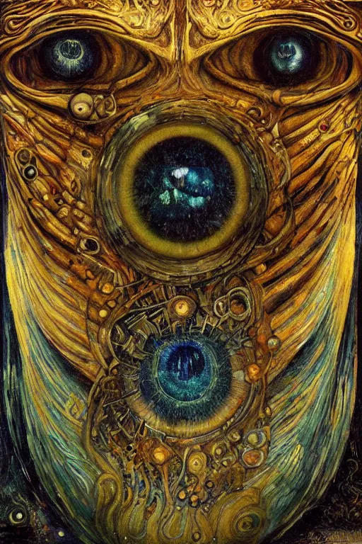 Image similar to The Interdimensional Eye by Karol Bak, Jean Deville, Gustav Klimt, and Vincent Van Gogh, mystic eye, otherworldly, catseye, alien eyes, vortex of monster eyes, fractal structures, arcane, inferno, inscribed runes, infernal relics, ornate gilded medieval icon, third eye, spirals