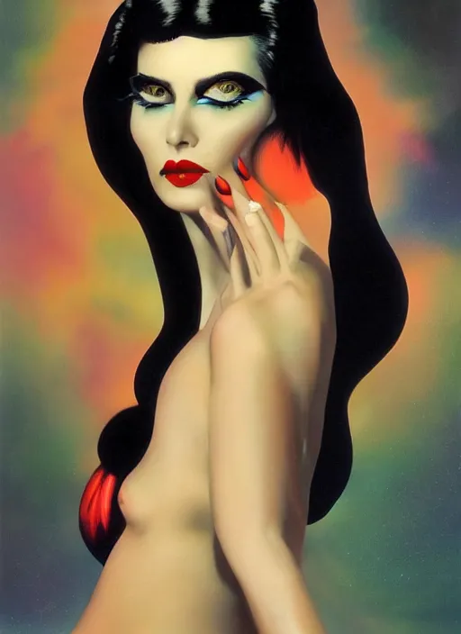 Prompt: an 8 0 s portrait of a woman with dark eye - shadow and red lips with dark slicked back hair dreaming acid - fueled hallucinations by serge lutens, rolf armstrong, delphin enjolras, peter elson