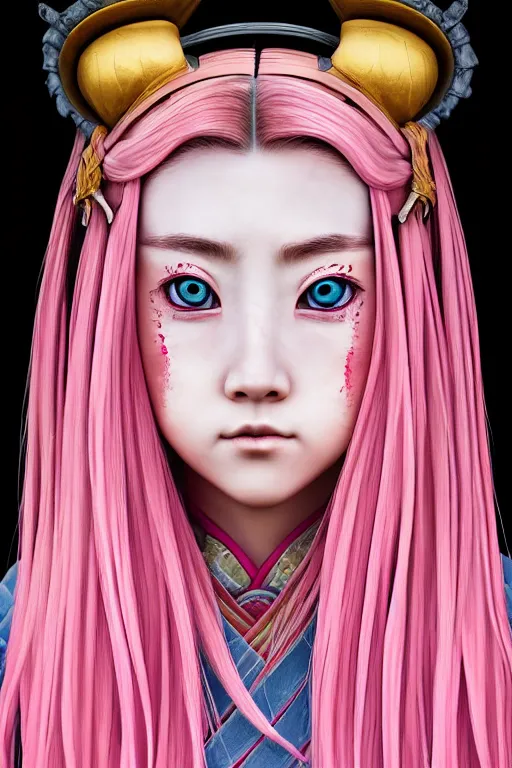 Image similar to highly detailed beautiful photo of a young female samurai, symmetrical face, beautiful eyes, pink hair, realistic anime art style, 8 k, award winning photo, pastels colours, action photography, 1 / 1 2 5 shutter speed, sunrise lighting