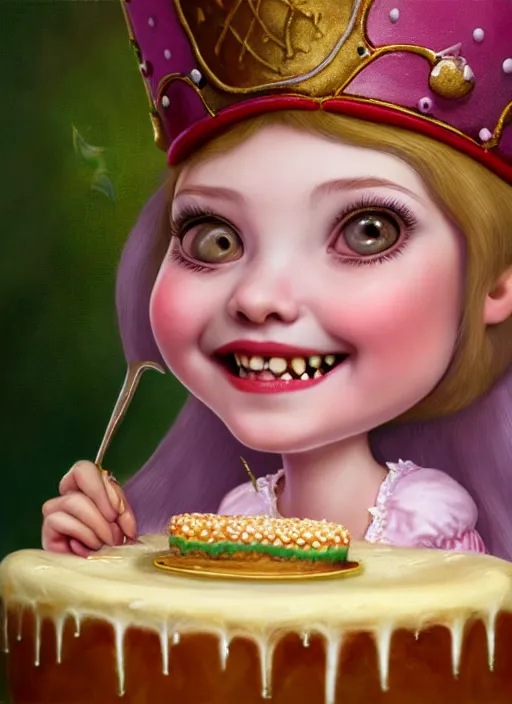 Image similar to highly detailed closeup portrait of a grinning fairytale medieval princess eating birthday cake, unreal engine, nicoletta ceccoli, mark ryden, lostfish, earl norem, global illumination, god rays, detailed and intricate environment