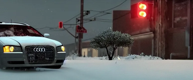 Image similar to Audi A4 B6 Avant (2002), a gritty neo-noir, dramatic lighting, cinematic, eerie person, death, homicide, homicide in the snow, viscera splattered, gunshots, establishing shot, extremely high detail, photorealistic, cinematic lighting, artstation, by simon stalenhag, Max Payne (PC) (2001) winter New York at night, In the style of Max Payne 1 graphic novel, flashing lights, Poets of the Fall - Late Goodbye