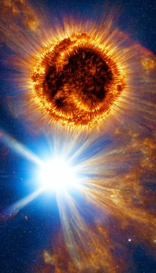 Image similar to photograph of a sun going super nova, 8k, incredible detail, psychedelic,