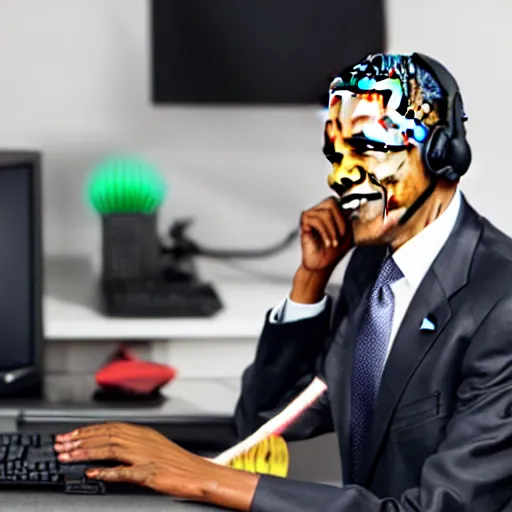 Image similar to Obama with gaming headset sitting at a desk with gaming gear and an RGB PC