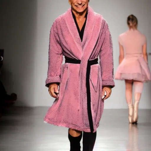 Prompt: tony danza as a model in fashion photography, designer runway robe that looks like brain matter, billowing, pink, roiling, detailed