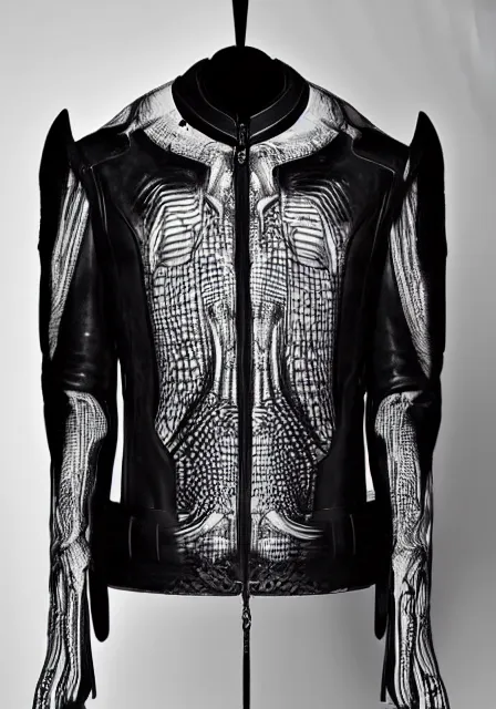 Image similar to designer menswear jacket inspired by h. r. giger designed by alexander mcqueen