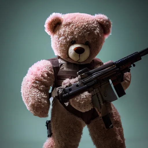 Image similar to cinematic photograph of an anthropomorphic teddy bear wearing pink combat armor and holding a rifle walking through a giant bedroom full of cute toys, 8k, highly detailed, highly intricate, depth of field, epic,