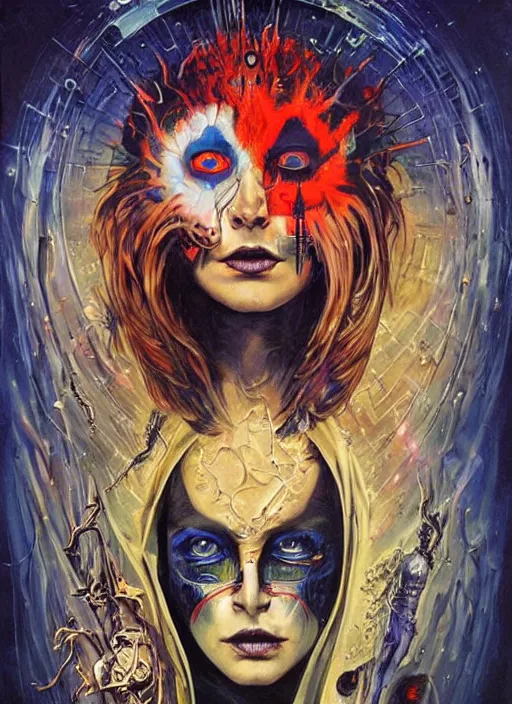 Image similar to tripping magic cult psychic woman, painted face, third eye, energetic consciousness psychedelic, epic surrealism expressionism symbolism, story telling, iconic, dark robed, oil painting, symmetrical face, dark myth mythos, by sandra chevrier, bruce pennington, masterpiece