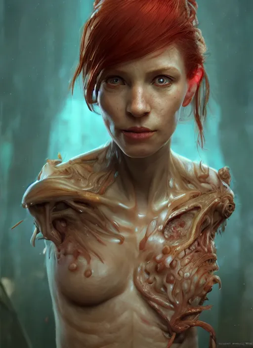 Image similar to biopunk lovecraft portrait of redhead, au naturel, hyper detailed, digital art, trending in artstation, cinematic lighting, studio quality, smooth render, unreal engine 5 rendered, octane rendered, art style by klimt and nixeu and ian sprigger and wlop and krenz cushart.