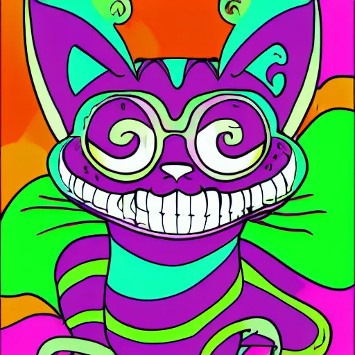 Image similar to psychedelic Cheshire cat smiling way too big, digital art, vector sticker, 2D colors, flat colors