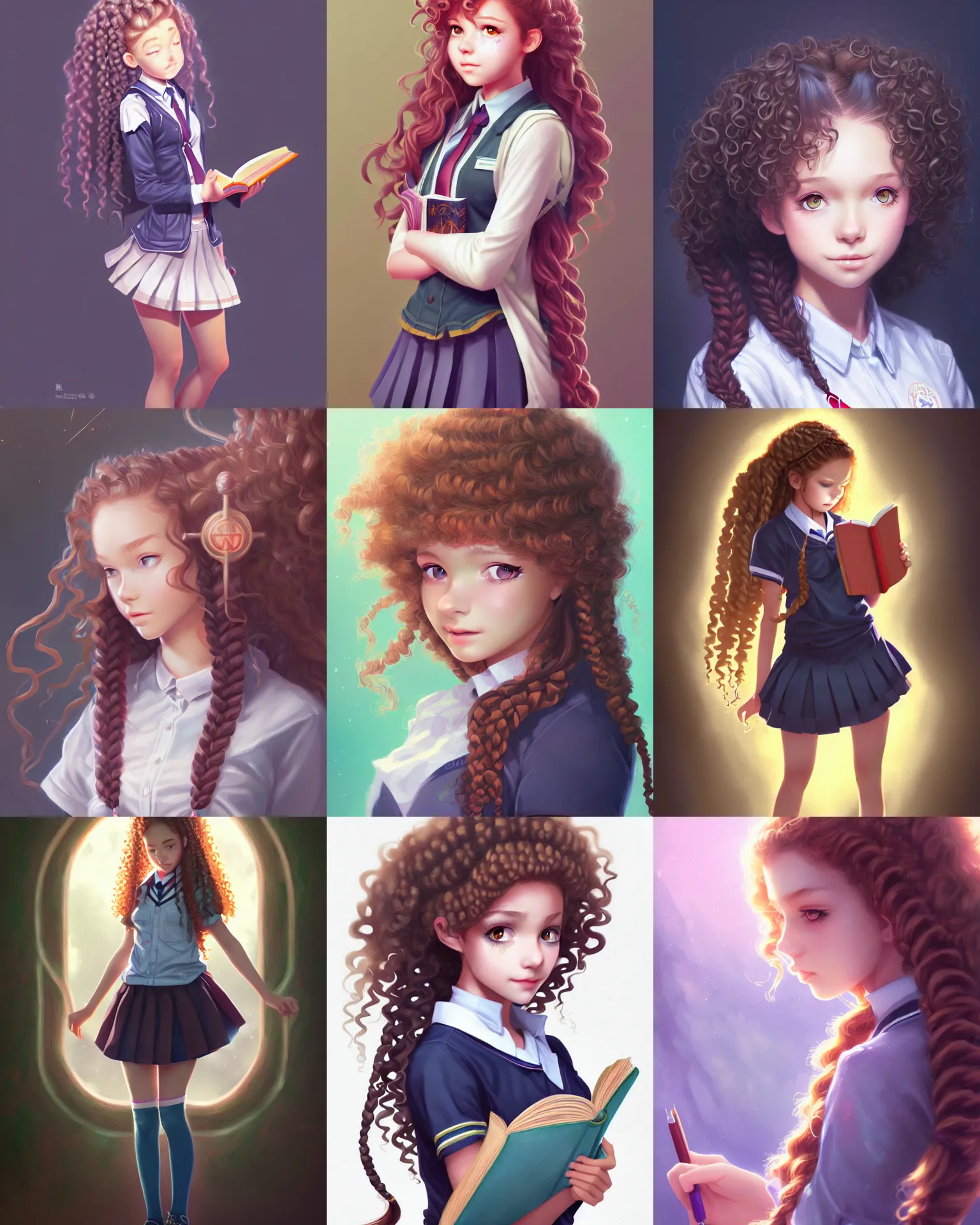 Prompt: innocent young teen girl, magical school student uniform, curly braided hair, library books, highly detailed, digital painting, trending on artstation, pixiv, concept art, sharp focus, illustration, art by Ross Tran