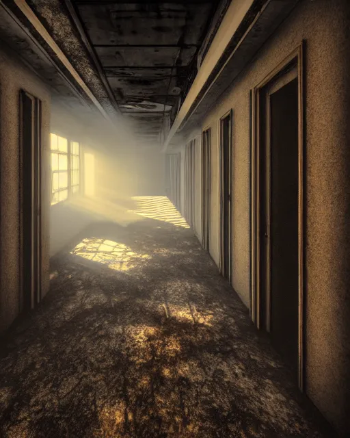 Image similar to a beautiful photorealistic illustration of corridor unfinished building urbex building by georgia o'keeffe, wilderness fisheye morning sun laser bioshock myst tokyo retro at dusk overcast elysian at dawn, archdaily, wallpaper, highly detailed, trending on artstation.