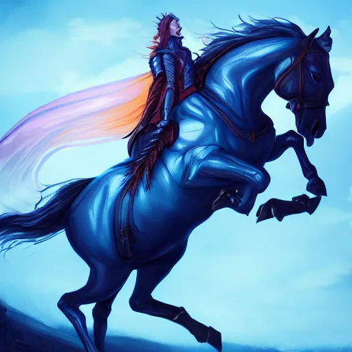 Prompt: headless horseman without head on top of horse with wings, colorful of blue color concept art, trending on artstation, highly detailed, intricate, sharp focus, digital art, 8 k