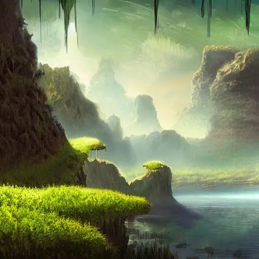 Image similar to beautiful digital artwork of a lush natural scene on an alien planet by lurid ( 2 0 2 2 ). artistic science fiction. extremely detailed. beautiful landscape. weird vegetation. cliffs and water.