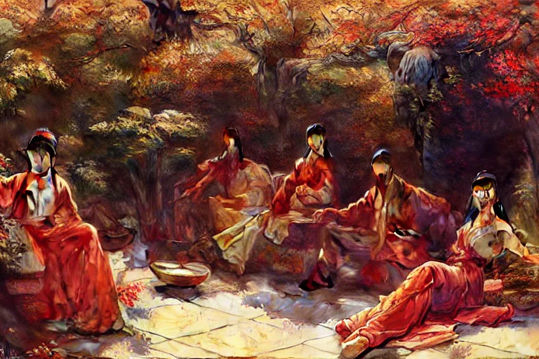 Prompt: wuxia, autumn, people rest in the garden, painting by gaston bussiere, craig mullins, j. c. leyendecker