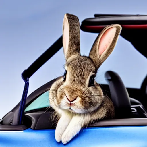 Image similar to a cute bunny driving a convertible, studio photo, high quality