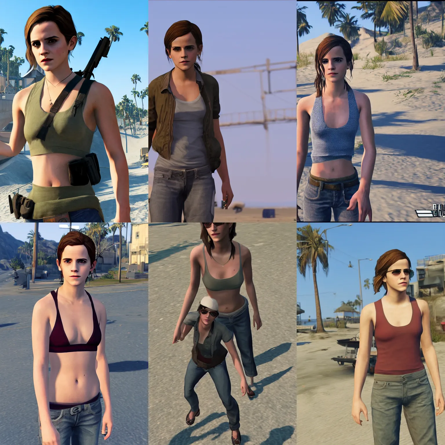 Prompt: Emma Watson as a GTA V NPC in the beach, in game capture. 3D Render.