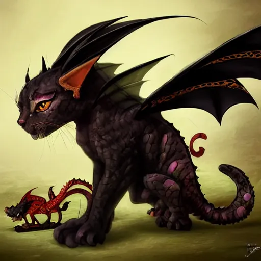 Prompt: an crossbreed between a dragon and a kitten, black fur, black wings, fantastic animal, magical, very cute, adorable, charming, amazing details, bright colors, ultra high definition, artstation pixiv, concept art,