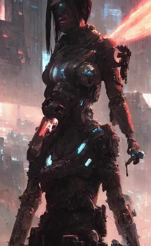 Image similar to « beautiful cyberpunk warrior by greg rutkowski, very detailed »