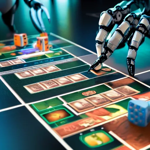 Image similar to An artificial intelligence as a robot designing a board game, 4k, dramatic lighting, high detail