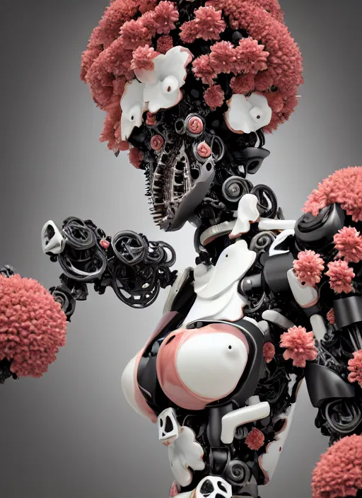 Image similar to biomechanical black mecha carrying perfume bottle enchanted coral kingdom made of corals, daisies, roses in an ivory room well contoured smooth fair walls, up close shot, sharp focus, global illumination, radiant light, alexandre ferra white mecha, irakli nadar, octane highly render, 4 k, ultra hd,