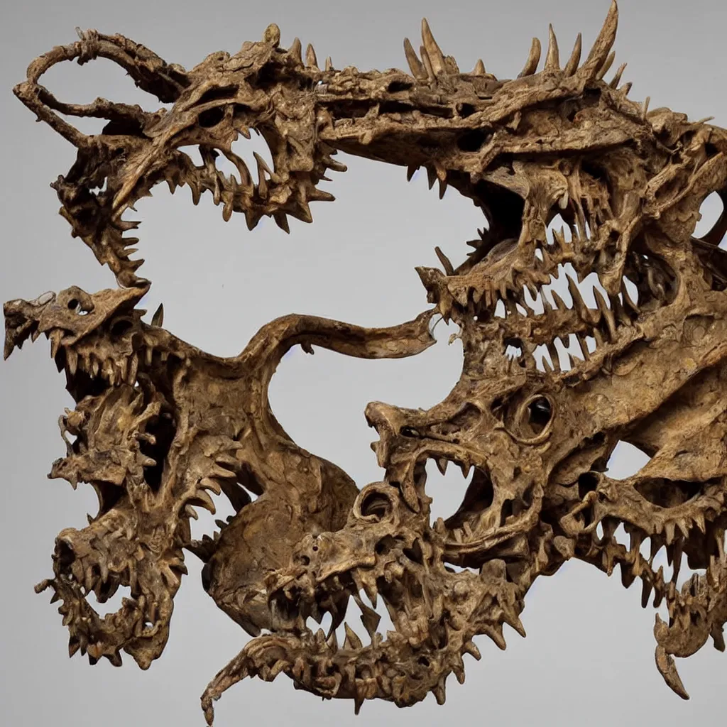 Image similar to a fossilized Chinese dragon skeleton, museum photo