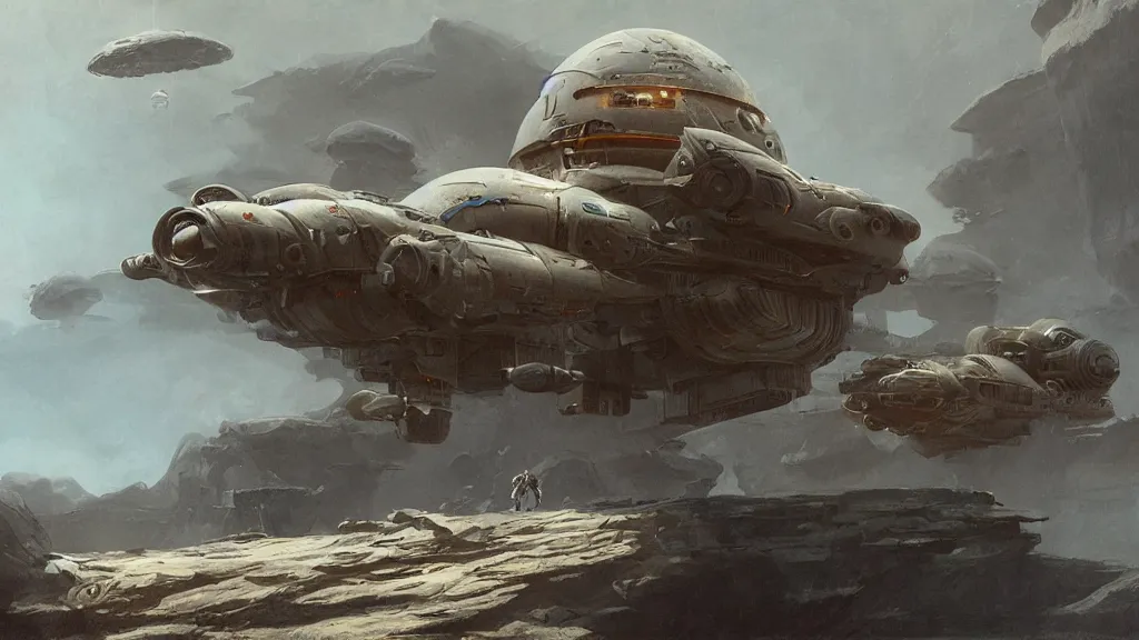 Image similar to small organic dropship lander design by john schoenherr and glenn barr, epic cinematic matte painting