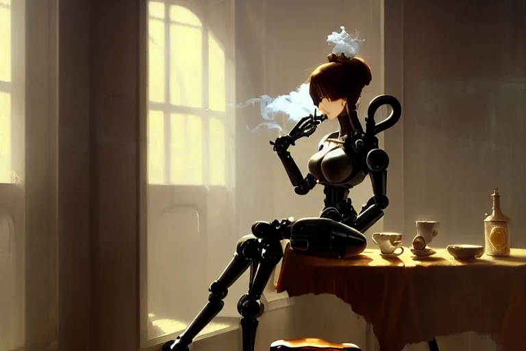 Image similar to coffee room baroque oil painting finely detailed perfect face mexican man smoking anime shinkai takeuchi key visual of character concept art metal female robot body suit pixiv fanbox, painted by greg rutkowski