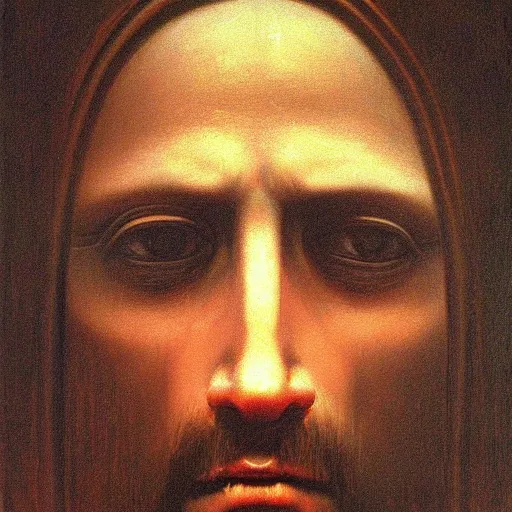 Image similar to masterpiece closeup portrait of Jesus in the style of Zdzislaw Beksinski