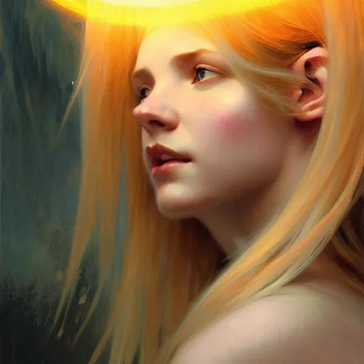 Image similar to Portrait of a girl with blonde hair, a glowing halo, a sheer translucent vale, huge highly detailed wings, fantasy, intricate, elegant, highly detailed, digital painting, artstation, concept art, smooth, sharp focus, illustration, art by Krenz Cushart and Artem Demura and alphonse mucha