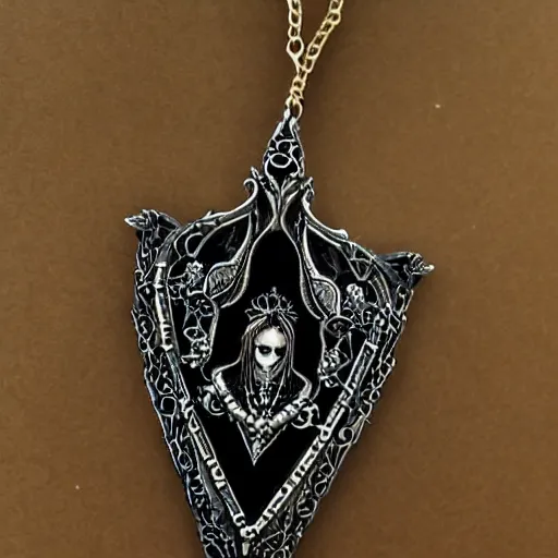 Prompt: gothic style necklace of a vampiress on a rose throne walks in dark beauty with ornamental garments with artnouveau framed bezel highly detailed
