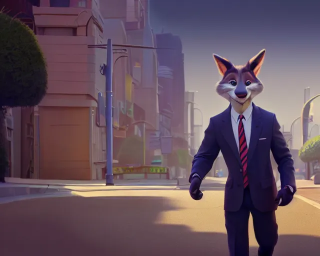 Prompt: a film still from zootopia main character portrait anthro anthropomorphic wolf security guard head animal person fursona wearing suit and tie pixar disney animation sharp rendered in unreal engine 5 anime key art by greg rutkowski bloom dramatic lighting modeling beginner render