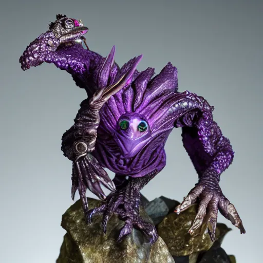 Image similar to zergling skeksis from the dark crystal wearing golden talismans and amethyst crystals. dark undertones. diffuse volumetric lighting.