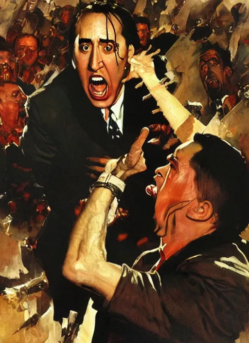 Prompt: nicholas cage screaming about crazy evil in his own living room, painted by norman rockwell and phil hale and tom lovell and frank schoonover