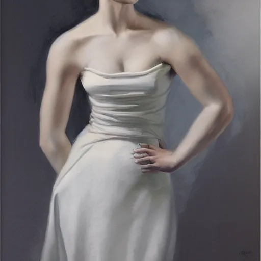 Prompt: photorealistic painting of a beautiful young woman in a white dress with cartoonishly exaggerated proportions, huge bust, narrow waist, wide hips