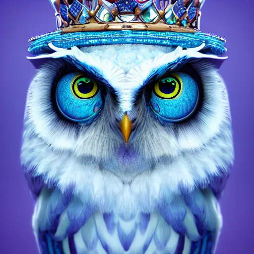 Prompt: magical owl, charactor, big blue eyes, with a diamond crown on his head, hyper detailed, stylistic, symmetrical, 3 d render, 8 k, octane render