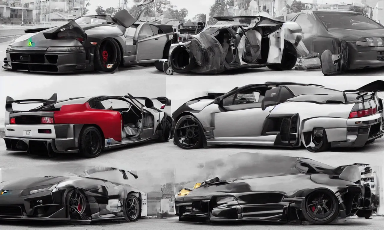 Prompt: a car made from lamborghini + r 3 4 + supra + benz + honda civic