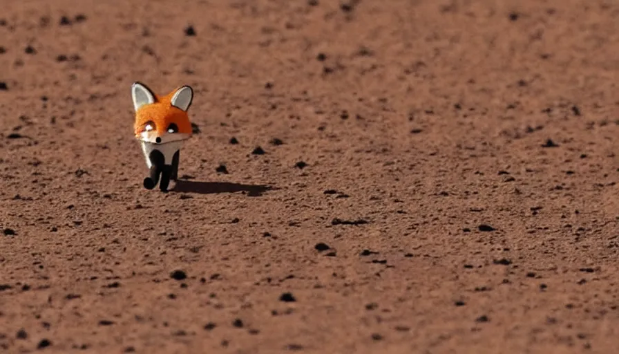 Prompt: a little fox with a french hat walking on mars, closeup.